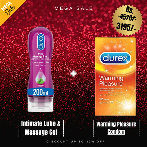 Durex Play Massage 2-In-1 Intimate Lube & Massage Gel, Aloe Vera, 200ml + Durex Warming Pleasure Condom - Pack Of 12