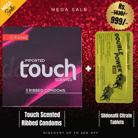 Pack Of 2 Imported Touch Scented Ribbed Condoms 3s + Double Power 200mg Sildenafil Citrate Tablets