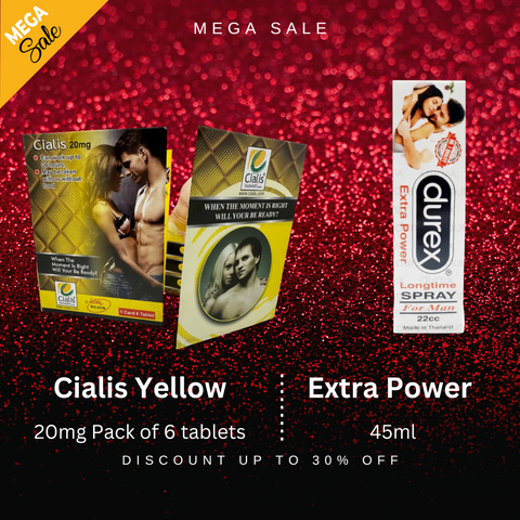 Pack Of 2  Cialis 6 Yellow Tablets Pack For Men 20mg + Durex Extra Power Long Time Spray For Men