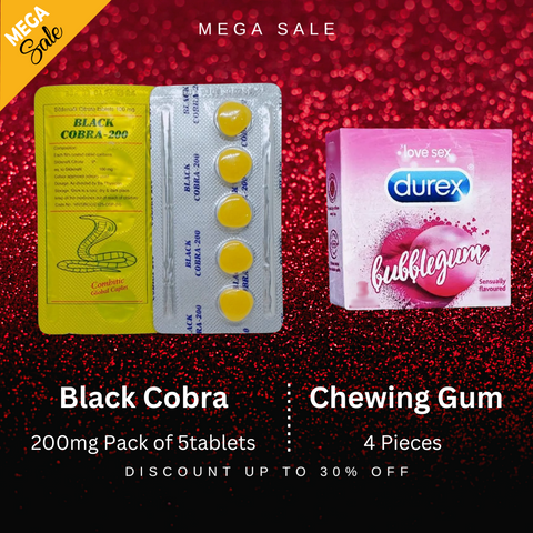 Pack Of 2  Black Cobra 200mg Sildenafil Citrate Tablet - 5 + Durex Red Chewing Gum - Add a Bold Flavor to Your Intimate Collection